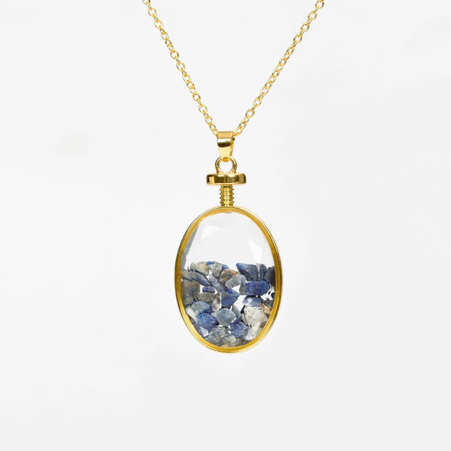 Crystal Chips In Oval Glass Pendant Necklace